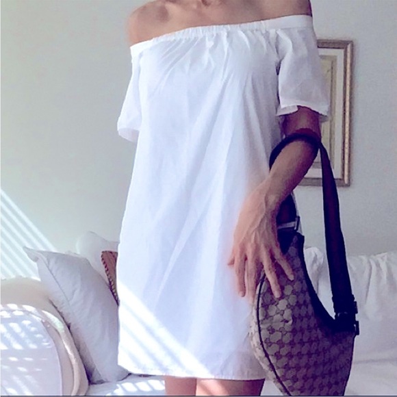 Banana Republic on off shoulder White Cotton Dress size large short sleeve lined - Picture 7 of 16